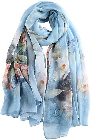 STORY OF SHANGHAI Sciarpa di 100% Seta da Donna Foulard Chiffon con Fantasie Orientale Semi-Trasparente, Fiori su Azzurro