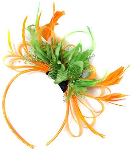 Caprilite Cerchietto per capelli con piume, arancione e verde, per matrimoni e corse Royal Ascot, Arancione, taglia unica