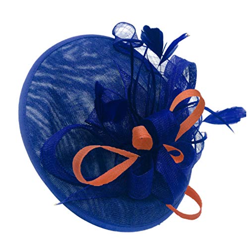 Caprilite Cappello fascinator blu reale in sinamay con piattino grande disco, per donne e matrimoni, Arancione bruciato, Taglia unica