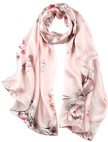 STORY OF SHANGHAI Sciarpa di 100% Seta Charmeuse da Donna Foulard a Raso con Fantasie Orientale, Fiori su Cipria