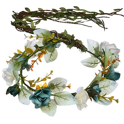 YnimioAOX Fascia per capelli con corona floreale regolabile fatta a mano, corona di fiori e fiori Halo puntelli per foto, C14-verde nerastro