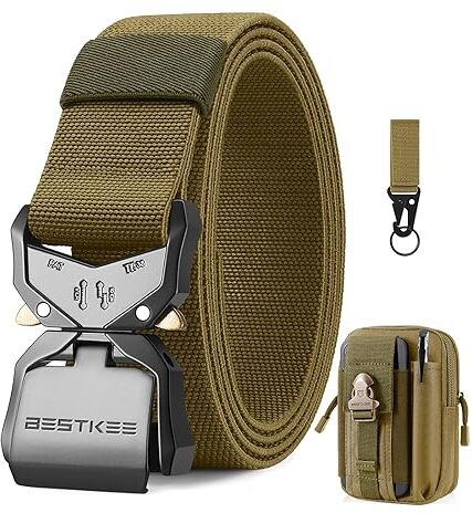 BESTKEE Cintura Tattica, 3,8 cm Cintura da Lavoro Militare, Cintura in Nylon Resistente con Fibbia Metallica a Rilascio Rapido, Regalo con Sacca Tattica Molle e Gancio