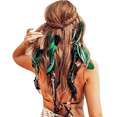 MNRIUOCII Fascia per capelli con piume indiane: boho arcobaleno nappa hippie copricapo tribale, per feste, copricapo per donne e ragazze