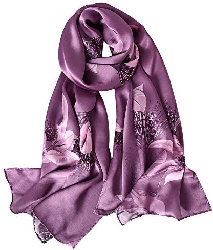 STORY OF SHANGHAI Sciarpa di 100% Seta Charmeuse da Donna Foulard a Raso con Fantasie Orientale, Fiori Viola1