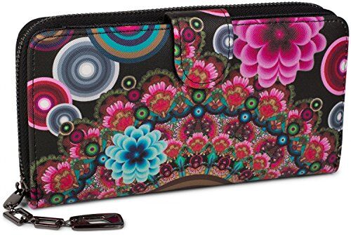 styleBREAKER portafogli con fiori e etnici e design colorato, design vintage, chiusura con cerniera, portamonete, donna , colore:Nero-Rosso-Rosa