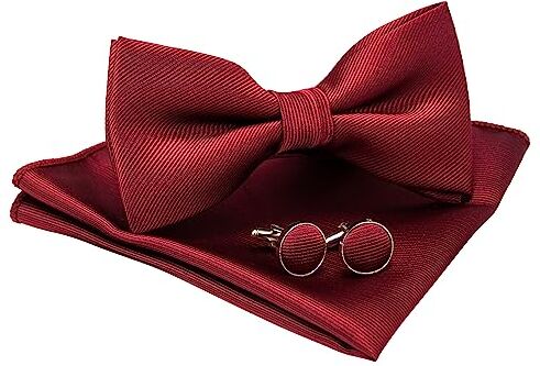 JEMYGINS Papillon Uomo Rosso scuro2 Regolabile in Diversi Colori con Fazzoletto e Gemelli