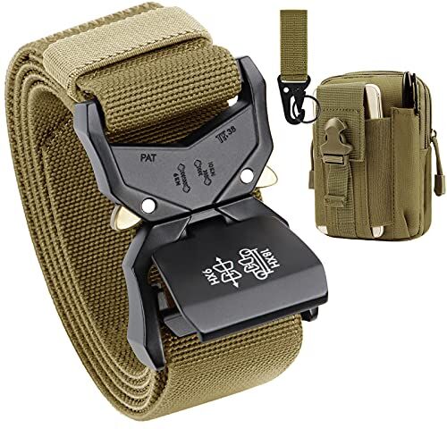 BESTKEE Cintura Tattica, 3,8 cm Cintura da Lavoro Militare, Cintura in Nylon Resistente con Fibbia Metallica a Rilascio Rapido, Regalo con Sacca Tattica Molle e Gancio