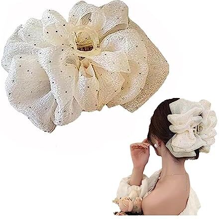 IMOCKA Bow Bubble Clips, Chiffon Silk Hair Clips, Large Mesh Bubble Bow Hair Jaw Clip, Large Claw Clips for Thick Hair (Beige)