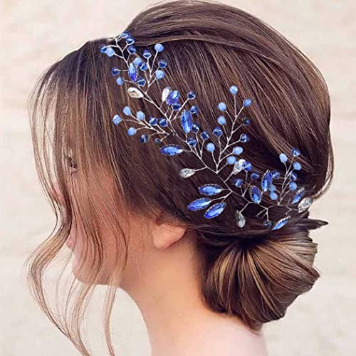 Flayem Sposa Nozze Capelli Vite Blu Cristallo Foglia Fascia per capelli Strass Copricapo Accessori per capelli per donne e Ragazze dei fiori