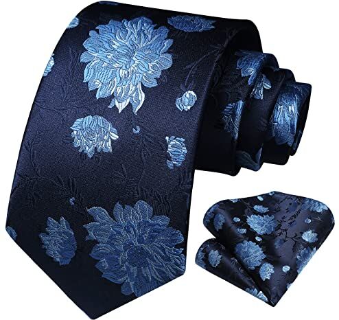 HISDERN Cravatte Blu Uomo Eleganti Cravatta Floral e Fazzoletto Matrimonio Business Set Cravatta Sposo Festa