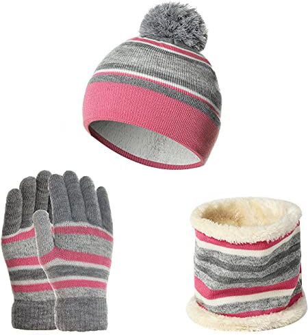 Saterkali Guanto regalo per voi, 1 set di guanti da maglia addensati cappello sciarpa guanti morbidi elastici autunno inverno striscia maglia cappello sciarpa guanti per bambini rosa