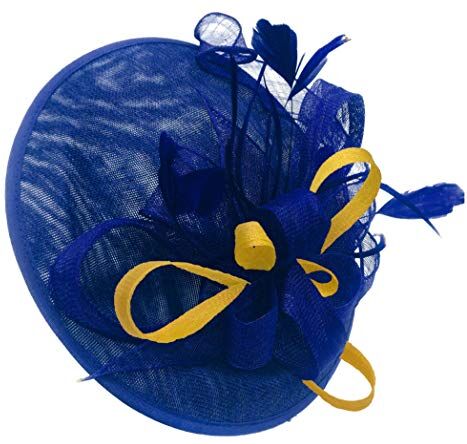 Caprilite Royal Blue Mix Colour Sinamay Big Disc Piattino Fascinator Cappello per donne Matrimoni Fascia Giallo Etichettalia unica