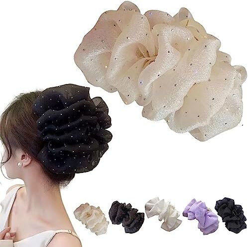 Donubiiu Bow Bubble Clips, Chiffon Silk Hair Clips, Large Mesh Bubble Bow Hair Jaw Clip, Plastic Fabric Floral Bows Hair Claw Jaw Clamps Clips Accessories For Women/Girls Thick/Fine Hair (Beige)