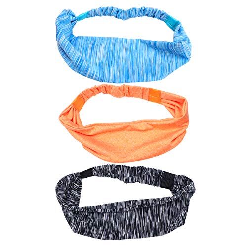 FRCOLOR 3pcs Exercise Yoga Headband Sweat Absorption Hair Hoop Elastic Headwrap Sports Headwear for Woman Girl Lady (A16-03 Striped Blue + a16-06 Orange + a16-02 Striped Grey)