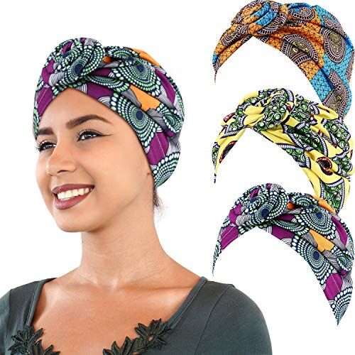 SATINIOR 3 Pezzi Africana Turbante Sciarpa Avvolge Testa Boho Turbante Elastico Annodato Berretto Cappello (Giallo, Arancione e Verde)