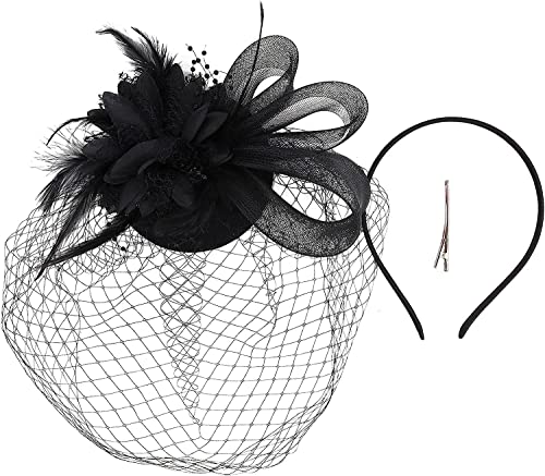 YPOSPDD Fascinator Fermaglio for capelli Bombetta Piuma Fiore Velo Cappello for festa nuziale Cappello for tè Clip Foulard for tè con fiori blu (Color : Black_One Size)