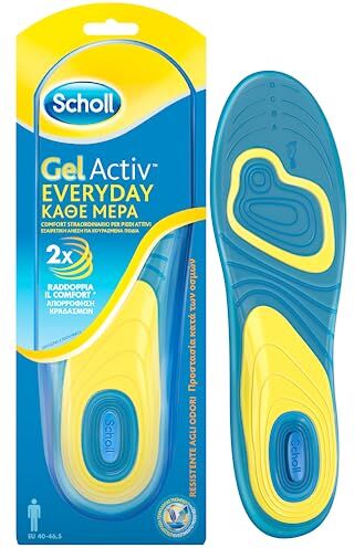 Scholl Solette Gel Activ Everyday, Solette per Scarpe ad Uso Quotidiano per Uomo con Tecnologia Antiodore, Azione Anti Urti e Ammortizzante, Misura 40-46.5 EU, Confezione da 1 Paio