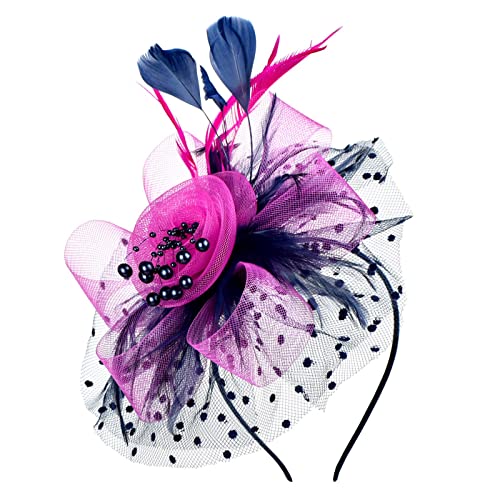 Yinguo Tutti gli archetto cappello per donna matrimonio fiore cocktail maglia piume capelli clip per tè party fascia fascia (B-Navy, taglia unica)