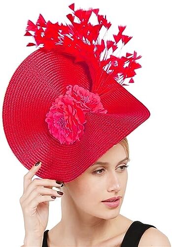 GIBZ Fascinator per Capelli di Paglia a Tesa Larga Floreale Fascia per Tea Party Cappello Copricapo con Piuma per Donna, Rosso