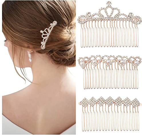 Chicamy 3PCS Pettine per Capelli Laterali da sposa in cristallo Fermagli a Pettine per Capelli Metallo 20 Denti Strass Pettine da Sposa Capelli Pettini Accessorio per Capelli da Sposa Donne Ragazze(Oro rosa)