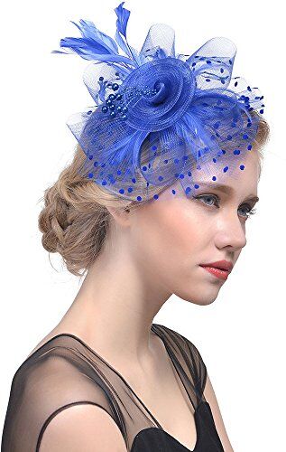 Anmain Piume Fascia Capelli Donna Fiore Fasce Capelli Mesh Fascia Capelli Cocktail Headwrap Headwear Cerimonia Festa Fermagli Mollette Capelli Copricapo Vintage Headband Accessori (blu)