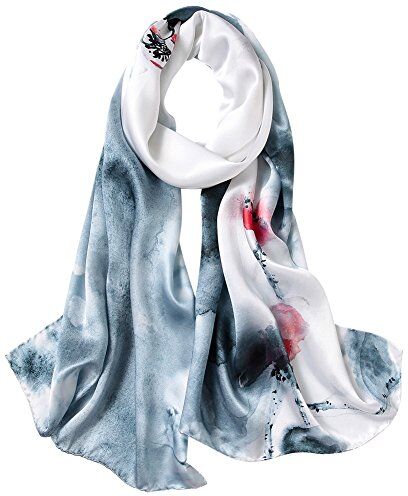 STORY OF SHANGHAI Sciarpa di 100% Seta Charmeuse da Donna Foulard a Raso con Fantasie Orientale, Inchiostro Orientale Bianco