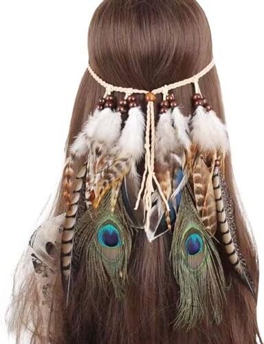 MNRIUOCII Fascia per capelli con piume indiane: boho arcobaleno nappa hippie copricapo tribale, per feste, copricapo per donne e ragazze