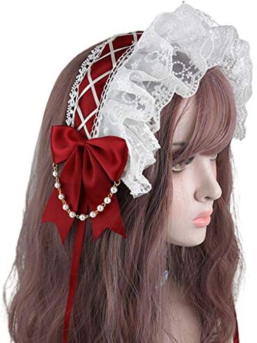 Generic Cameriera Cosplay Fascia Lolita Pizzo Increspato Copricapo Nastro Bowknot Catena di Perle Fascia per Capelli Cosplay Partito Accessori Per Capelli