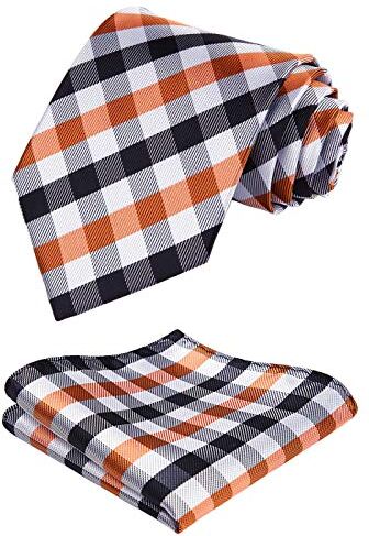 HISDERN Controllare Matrimonio Plaid Cravatta Fazzoletto Da Uomo Cravatta Pocket Square Set Per Affari Formali, E-arancione / bianco / nero, Taglia unica