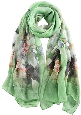 STORY OF SHANGHAI Sciarpa di 100% Seta da Donna Foulard Chiffon con Fantasie Orientale Semi-Trasparente, Fiori su Verde