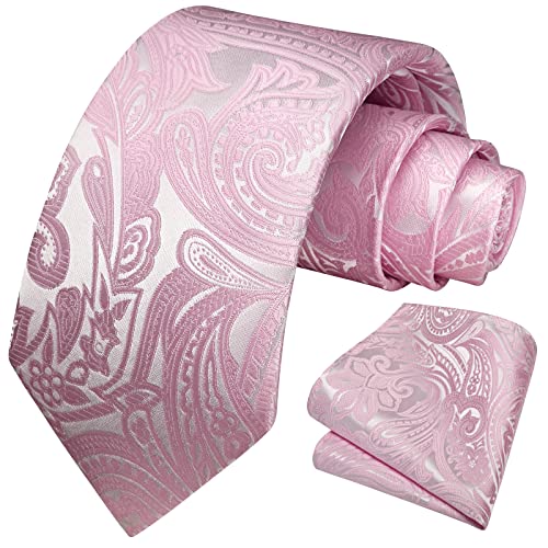 HISDERN Cravatta Uomo Rosa Elegante Set Cravatta e Fazzoletto Paisley Floreale Cravatte Seta con Pochette per Matrimonio Festa