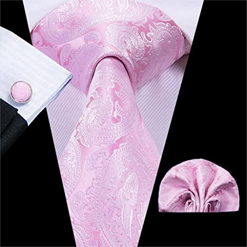 SUNMME Cravatta regalo da uomo in seta tinta unita rosa pesca, cravatta regalo per uomo, design alla moda, set di gemelli Hanky, festa aziendale