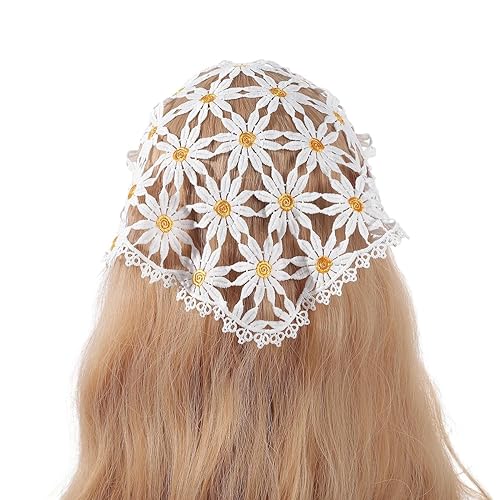 OSKOUR Fasce per capelli con margherita bianca cava all'uncinetto Bandana a triangolo Sciarpa Fasce per capelli all'uncinetto Ragazza Fiori Bordo in pizzo Sciarpa Foulard ricamato