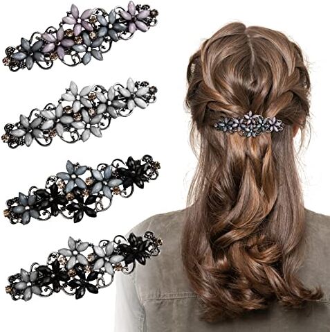 Laughhe 4 Pezzi Fermagli Capelli Donna, Fermagli per Capelli Elegante Fermacapelli Francesi Retrò Crystal Fiori Mollette per Capelli, Accessori per Capelli Forcina con Strass per Donne Ragazze