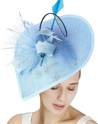 GIBZ Fascinator per Capelli Tesa Larga da Donna Elegante Fascia Tea Party Cappello con Copricapo da Sposa in Piuma a Rete, Cielo Blu