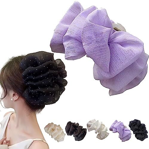 Donubiiu Bow Bubble Clips, Chiffon Silk Hair Clips, Large Mesh Bubble Bow Hair Jaw Clip, Plastic Fabric Floral Bows Hair Claw Jaw Clamps Clips Accessories For Women/Girls Thick/Fine Hair (purple)