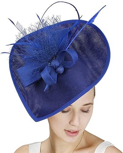 GIBZ Fascinator per Capelli Tesa Larga da Donna Elegante Fascia Tea Party Cappello con Copricapo da Sposa in Piuma a Rete, Blu Reale