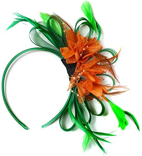 Caprilite Cerchietto per capelli con piume verdi e arancioni, per matrimoni e corse Royal Ascot