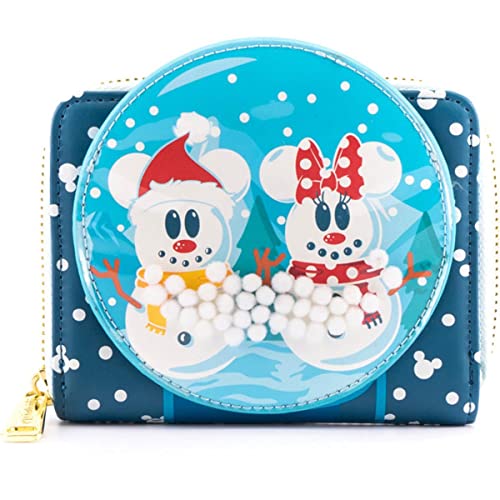 LOUNGEFLY X Disney Mickey & Minnie Snow Globe Zip Around Portafoglio Moda Cosplay Disneybound Carino Portafogli, Blu, Small