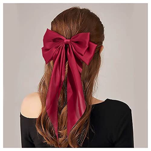 Inilbran Vintage Seta Fiocco Capelli Clip Rosso Bowknot Capelli Barrettes Coda Lunga Seta Fiocco Capelli Clip Barrette Grande Fiocco Capelli Accessori Francese Bowknot Clip Copricapo Per Donne