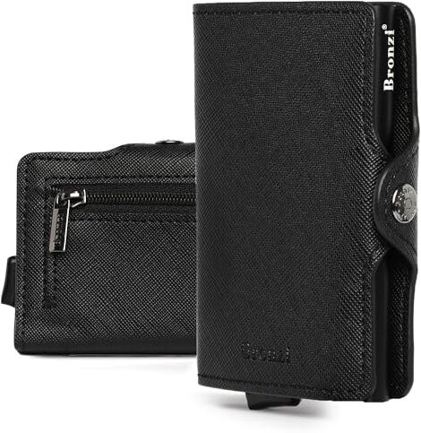 Bronzi Portafoglio Porta Carte Credito Portafoglio Uomo Slim Portacarte uomo Mini Porta Tessere Protezione RFID Design Smart Italiano Scatola Regalo inculsa (Nero Saffiano ZIP)