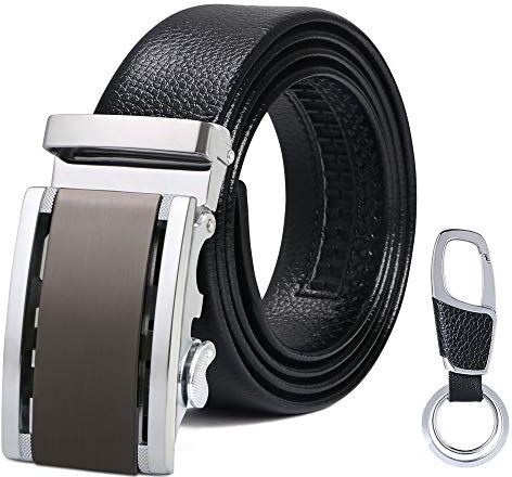 flintronic ® Cintura da Uomo in Pelle con Fibbia Automatica, Moda Cintura a Cricchetto 3.5cm * 130cm, con Portachiavi e Confezione Regalo