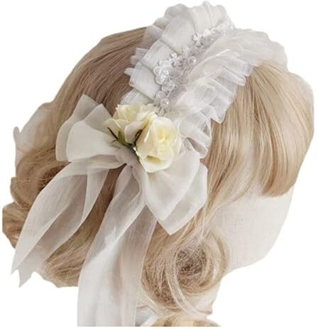 Generic Sweet Lolita Tiara per capelli da donna, con lacci pieghettati, elegante a forma di fiore, per cameriera, cerchietto per capelli per ragazze (bianco)