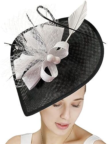 GIBZ Fascinator per Capelli Tesa Larga da Donna Elegante Fascia Tea Party Cappello con Copricapo da Sposa in Piuma a Rete, Nero Bianco