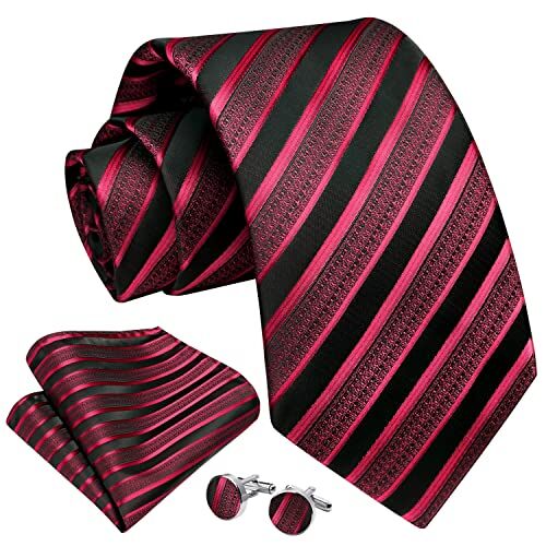 Enlision Set di gemelli da uomo a righe, fazzoletto da matrimonio, formale, business, cravatte e fazzoletto da taschino, Rosso/Nero 1, Taglia unica
