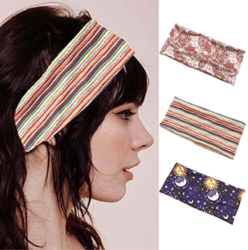 Sethain Vintage Fascia per capelli Largo Cerchietto per capelli Elastico Banda Stampa Bandana Elastico Copricapo Yoga Per donne e ragazze （3 pacco)