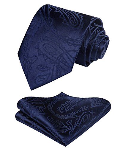HISDERN Cravatta Uomo Elegante e Fazzoletto Cravatta Blu Navy Paisley Set Cravatte Seta con Pochette Floreale per Matrimonio Festa Lavoro