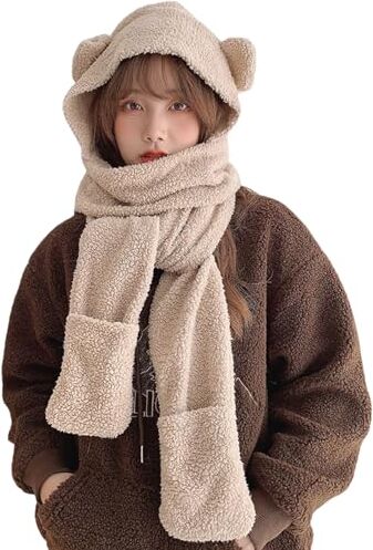 Renywosi Set Di Guanti, Cappelli E Sciarpe Invernali Da Donna   Set Di Guanti E Sciarpa Con Cappuccio, Cappucci Dell'orso Del Fumetto Di Inverno, Set Da Donna Per Stagione Fredda