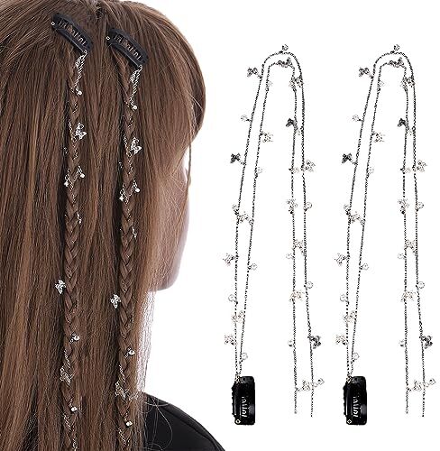 NICENEEDED Catene di Estensione Dei Capelli con Strass , Lunga Catena per Capelli con Nappe per Trecce, Fermagli per Capelli con Fermaglio per Capelli A Farfalla In Cristallo Argentato Bling per Copric