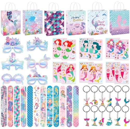 Gxhong 60Pcs Sirene Bambini Regalo Compleanno, Tema Sirene Regalo Borsa Braccialetti Festa Occhiali Portachiavi Adesivi, Sirene Festa Accessori Regalo, per Ragazza Ragazzo Sirene Tema Party Regalo